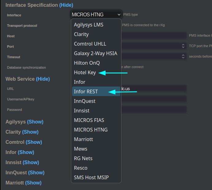 Hotel Key and INFOR REST pms API interfaces in PMS Server Web UI