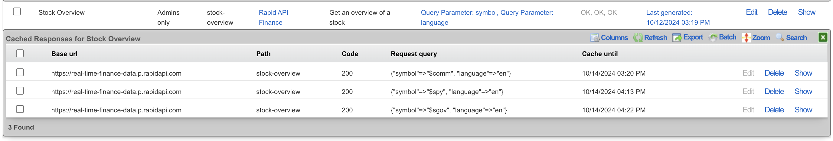 Cached Responses List