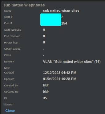 Subnatted wispr sites dhcp pool